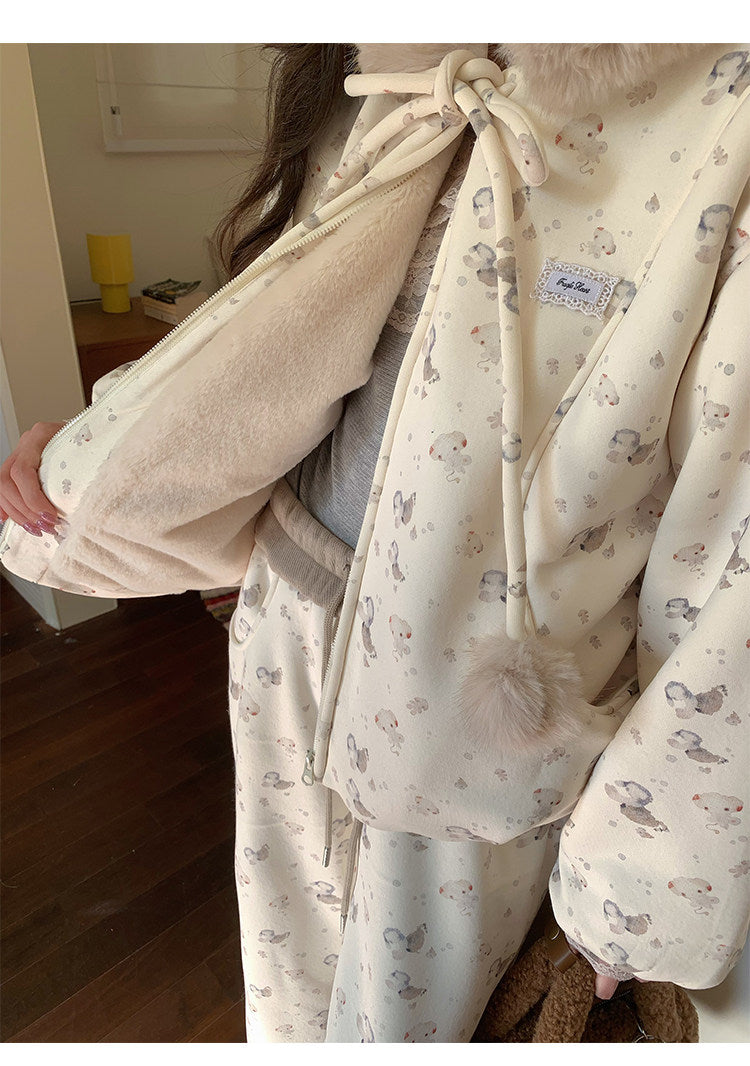 阮阮自制 - Honey Bear Ivory Plush Padded Jacket & Fleece Pants Set