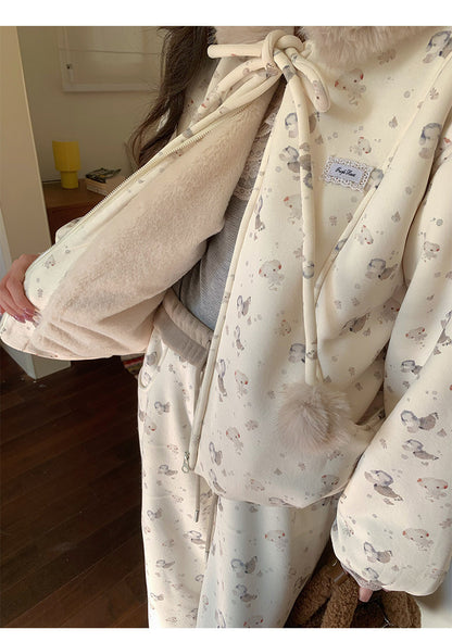 阮阮自制 - Honey Bear Ivory Plush Padded Jacket & Fleece Pants Set