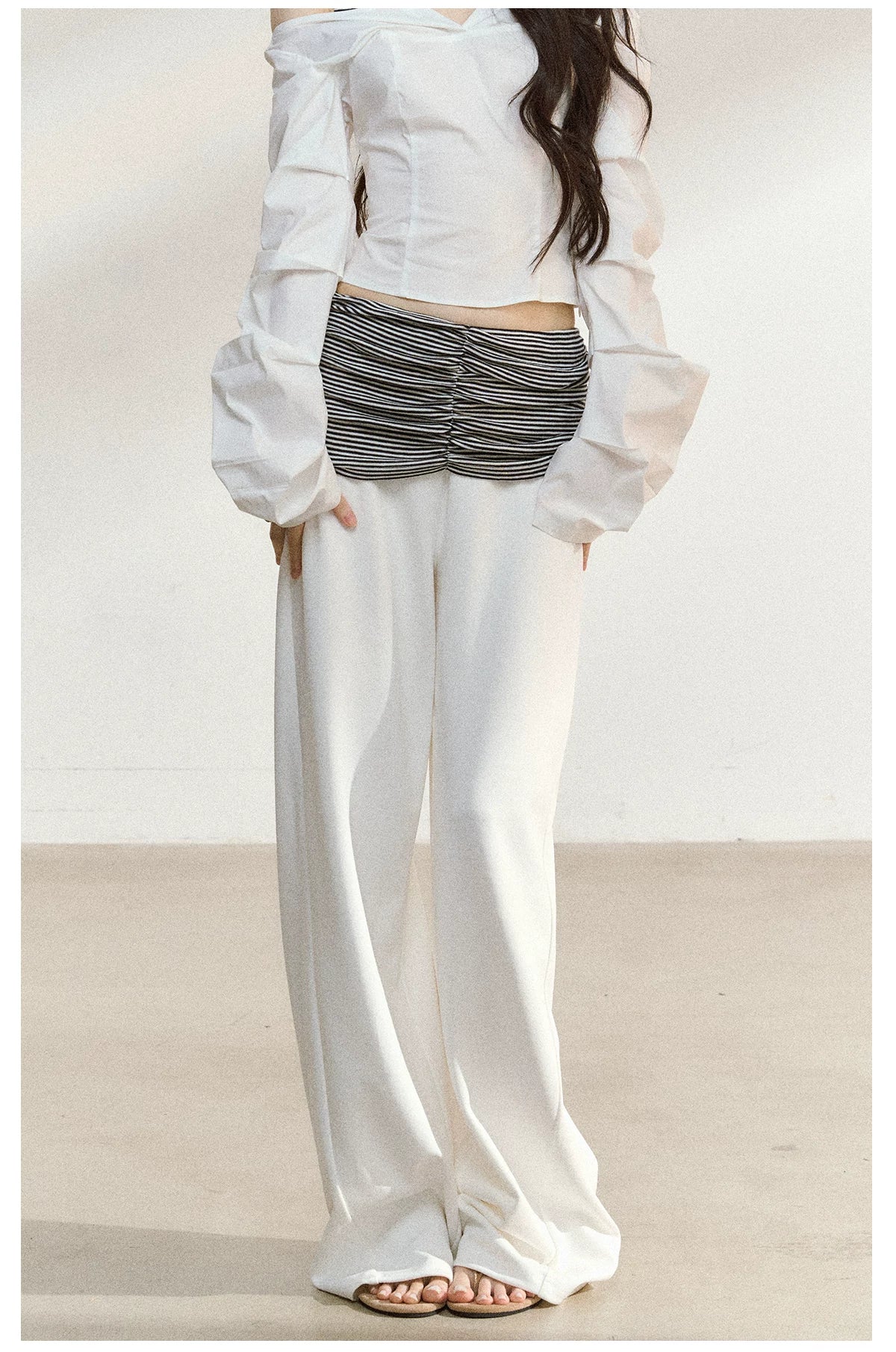 JN's DESIGN - White Wide-Leg Pants with Contrast Striped Waistband