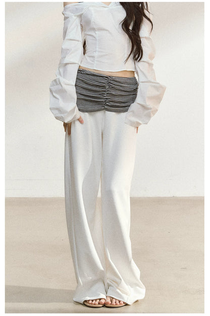 JN's DESIGN - White Wide-Leg Pants with Contrast Striped Waistband
