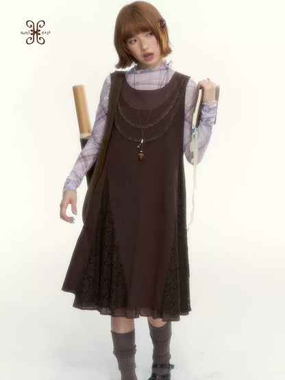 "Caramel Afterglow" Cocoa Brown Lace-Trim A-Line Dress Set with Purple Plaid Layering Top