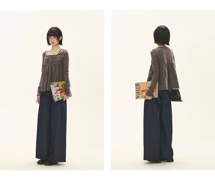"Lazy Weekend" Deep Blue Ruched Wide Leg Jeans