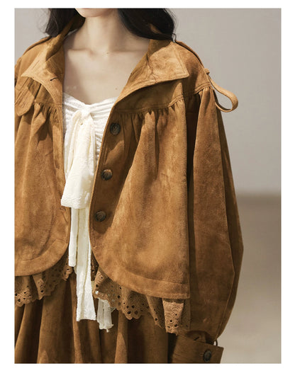 AOMALM - "Wind Through the Valley" Toasted Pecan Brown Faux Suede Jacket & Mini Skirt Set