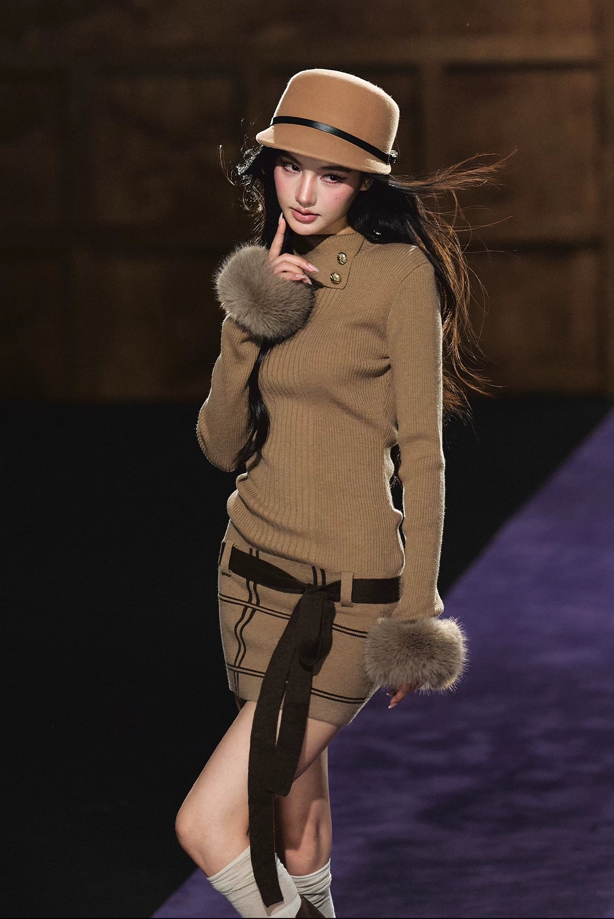 "Winter Whisper" Light Khaki Mock Neck Knit Mini Dress