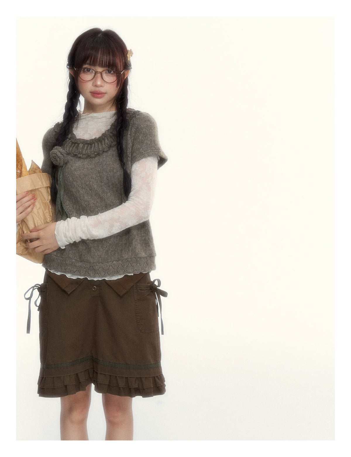 “Wild Caramel” Brown Washed Layered Ruffle Bow Pocket A-Line Skirt