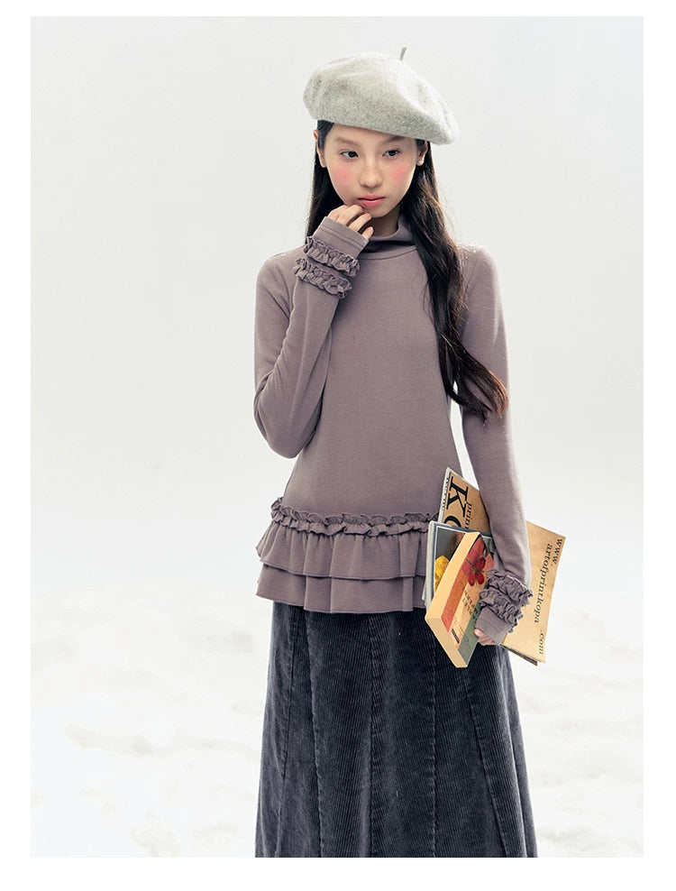 "Lavender Mist" Smoky Mauve Ruffle Ruched Turtleneck Knit Top