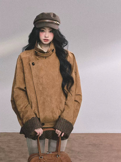 少也眼 Hazelnut Suede-Look Two-Piece Set (Jacket and Skort)