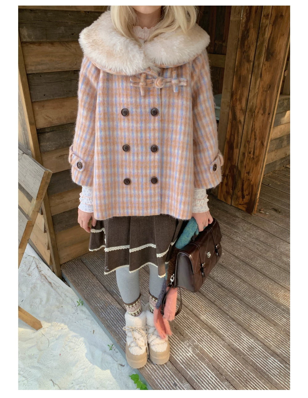RF - Orange Plaid Cropped Cape Coat with Apricot Faux Fur Collar
