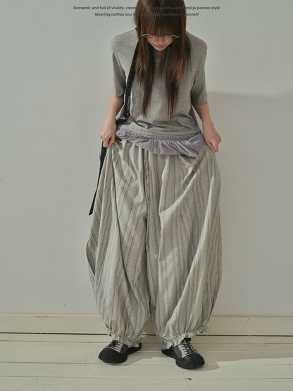 "Vintage Drift" Gray Striped Balloon Wide Leg Trousers