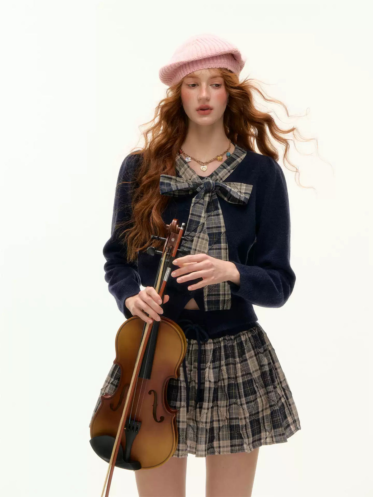 ASGONY - Navy Plaid Bow Detail Cropped Knit Cardigan
