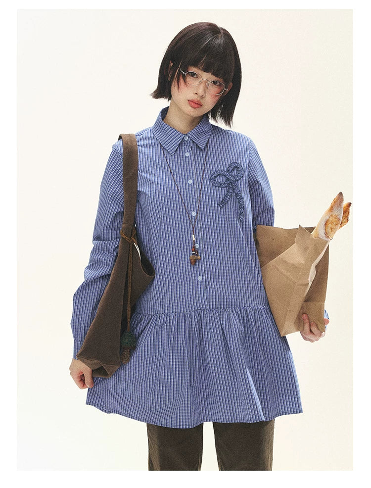 "Holiday Blues" Blue Plaid Bow Shirt Mini Dress
