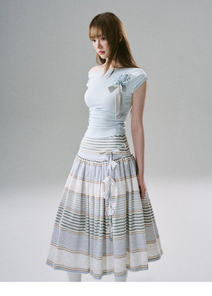 LOST FOREST - Flower Belt Striped Midi Dress (Natural Hemp / Blue Stripe / Orange Stripe)