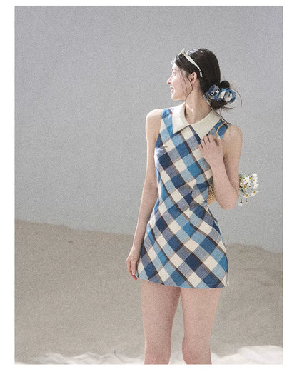 "Sunset by the Shore" Vintage Blue Plaid Polo Mini Dress 358648564