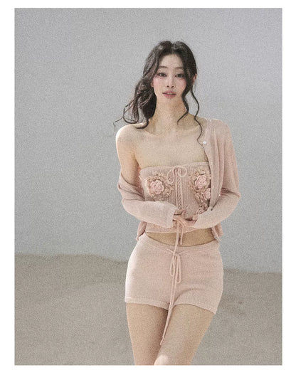 "Forest After Rain" Dusty Rose 3-Piece Cardigan & Shorts Set 45236485