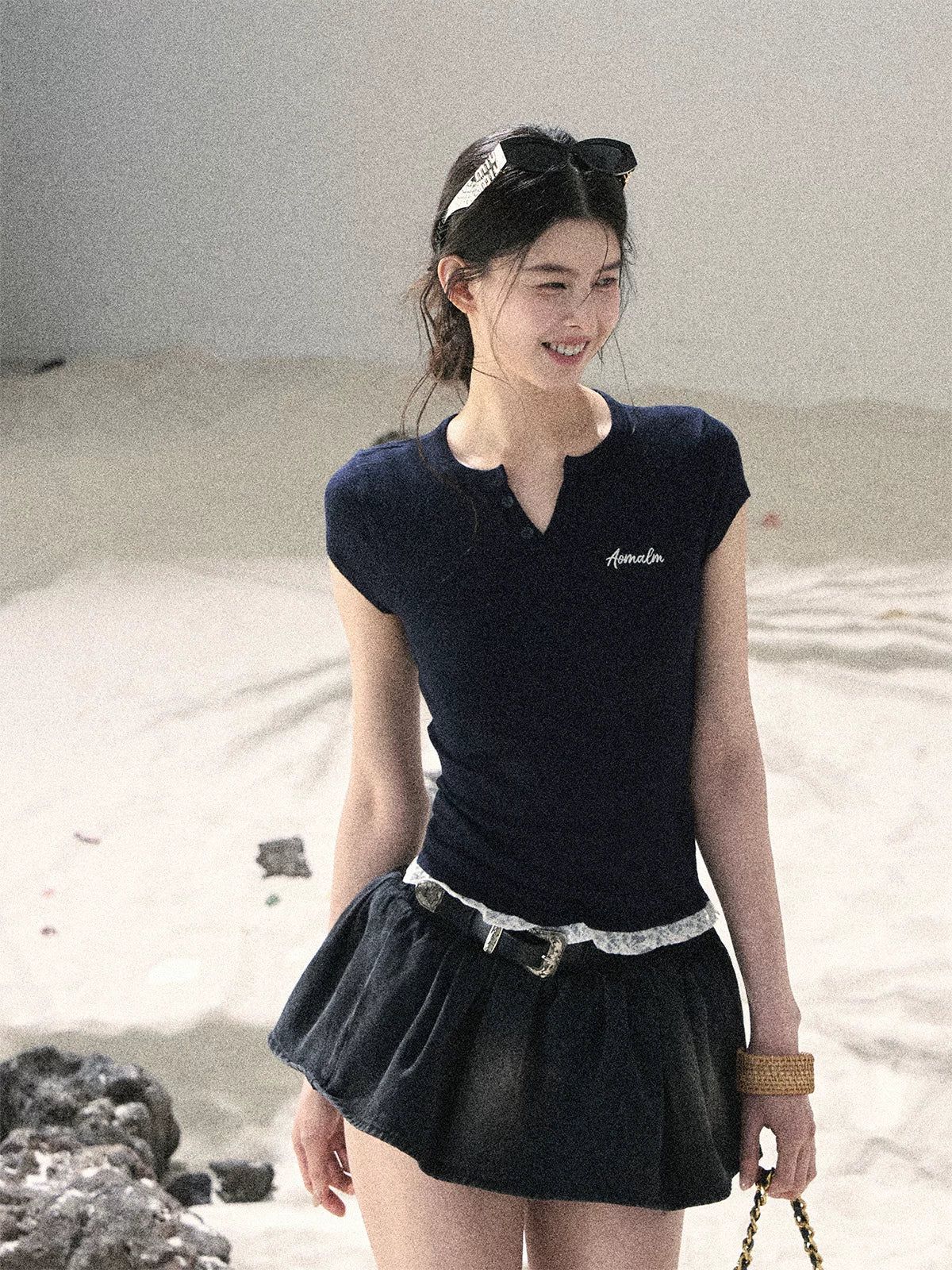"Letter from the Tides" Navy Blue Faux Two-Piece Lace Waist-Fit Crop Top 452436