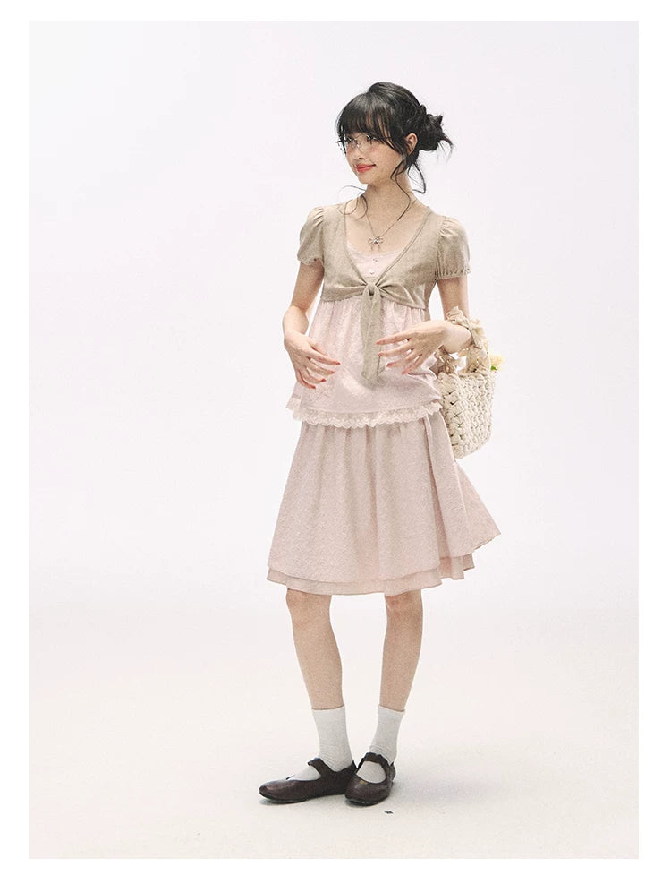 "Sweetheart Pages" Blush Pink Bow Puff Sleeve Top & A-Line Skirt Set