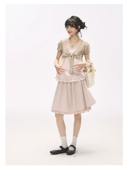 "Sweetheart Pages" Blush Pink Bow Puff Sleeve Top & A-Line Skirt Set