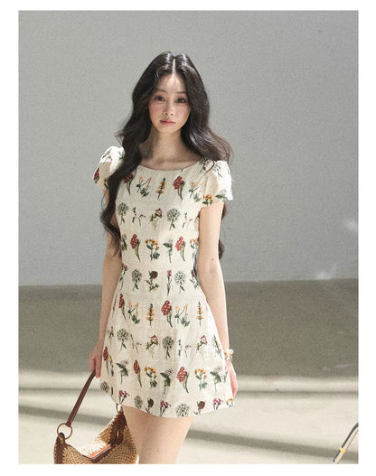 "Wildflower Daydream" Dutch Cream Embroidered Mini Dress - Short Sleeve 45684