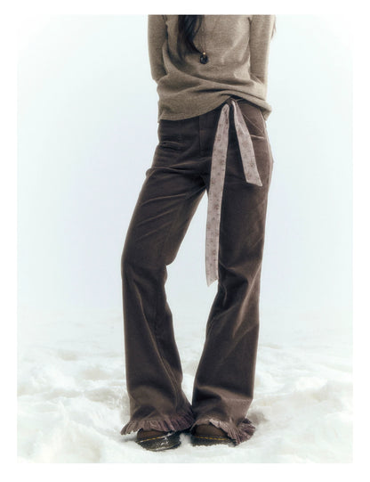 Horridale - Milk Tea Brown Floral Belt Corduroy Flare Pants