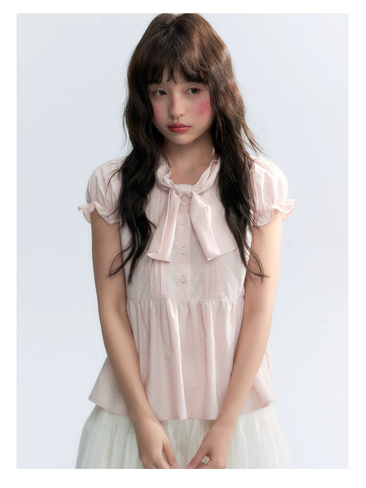 "Rosy Whisper" Dusty Pink Bow Embroidered Puff Sleeve Blouse