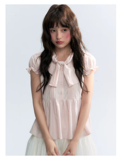 "Rosy Whisper" Dusty Pink Bow Embroidered Puff Sleeve Blouse