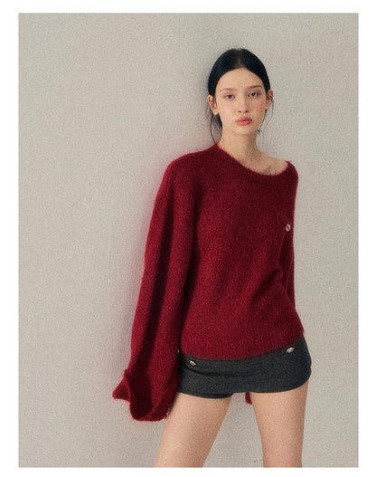 少也眼 “Winter Snow Holds Gentle Warmth” Angora-Blend French Red Knit Sweater
