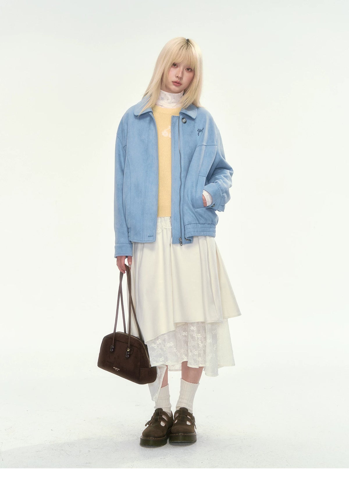 [CAN] Dusty Blue Suede Bow Embroidery Jacket