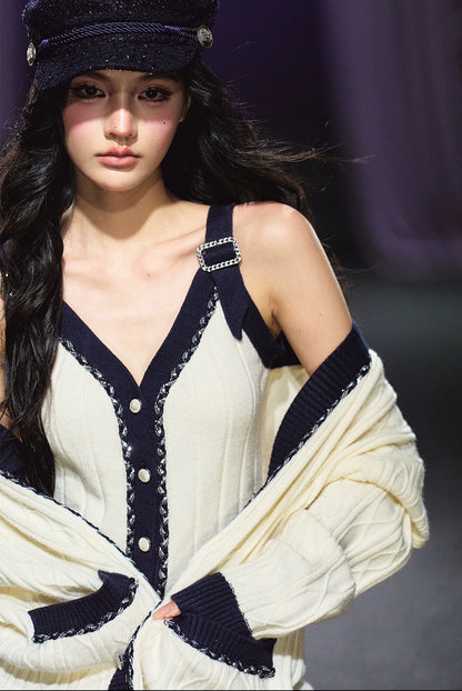 Contrast Knit Cardigan, V-Neck Tank & A-Line Skort Three-Piece Set