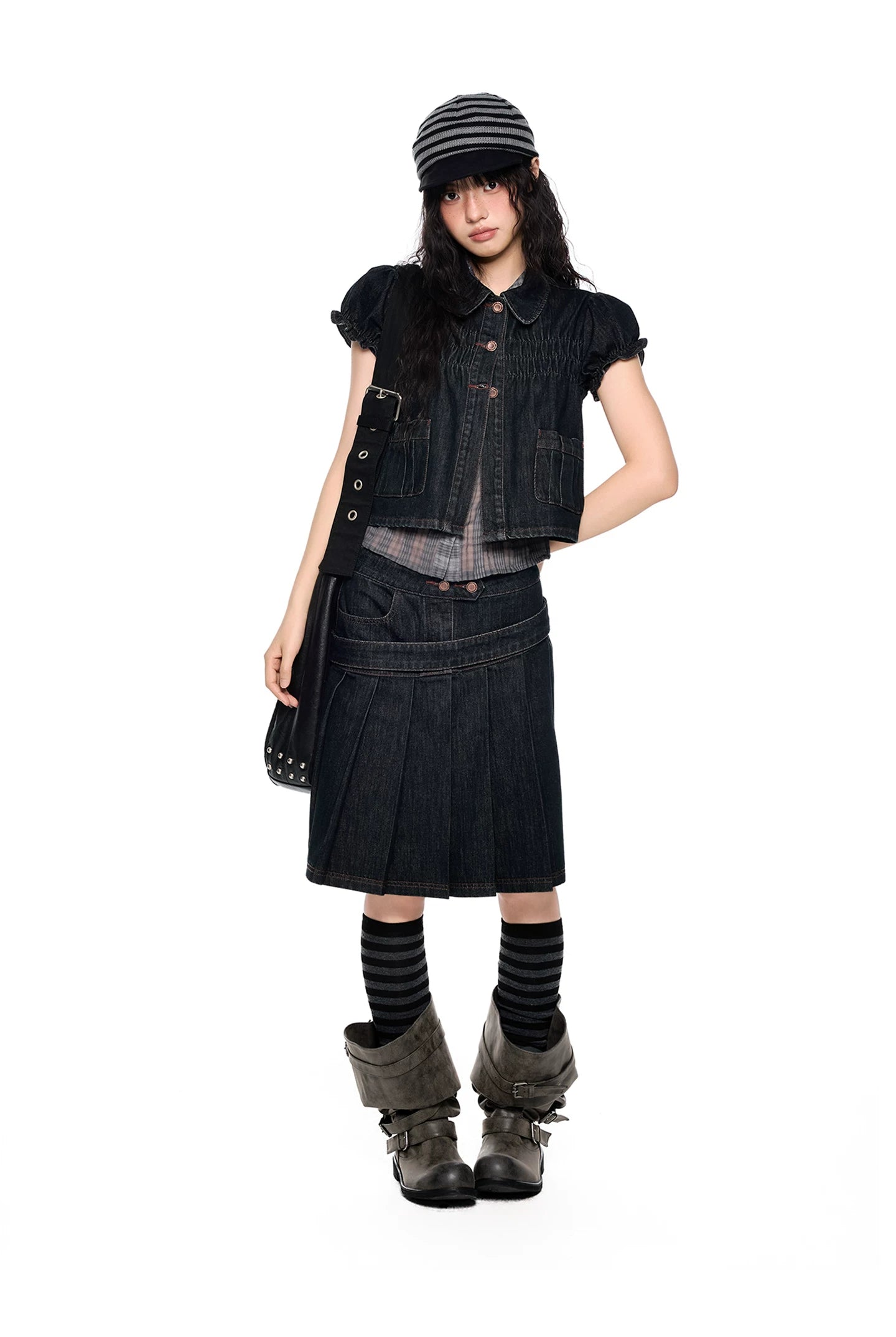 Vintage Peter Pan Collar Puff Sleeve Denim Set