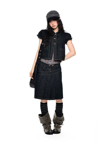 Vintage Peter Pan Collar Puff Sleeve Denim Set