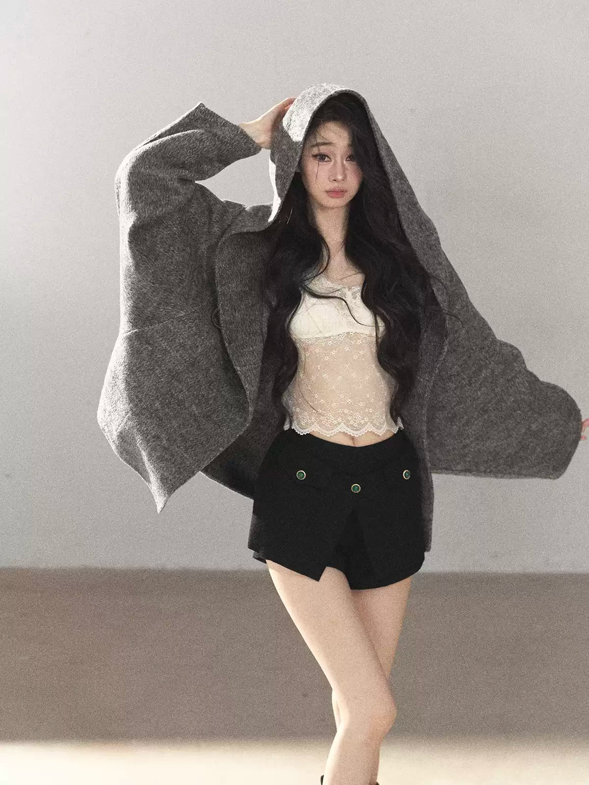 AOMALM - Dark Heather Gray Hooded Wool-Blend Jacket (With Inner Bra)