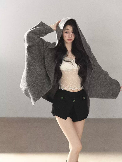 AOMALM - Dark Heather Gray Hooded Wool-Blend Jacket (With Inner Bra)
