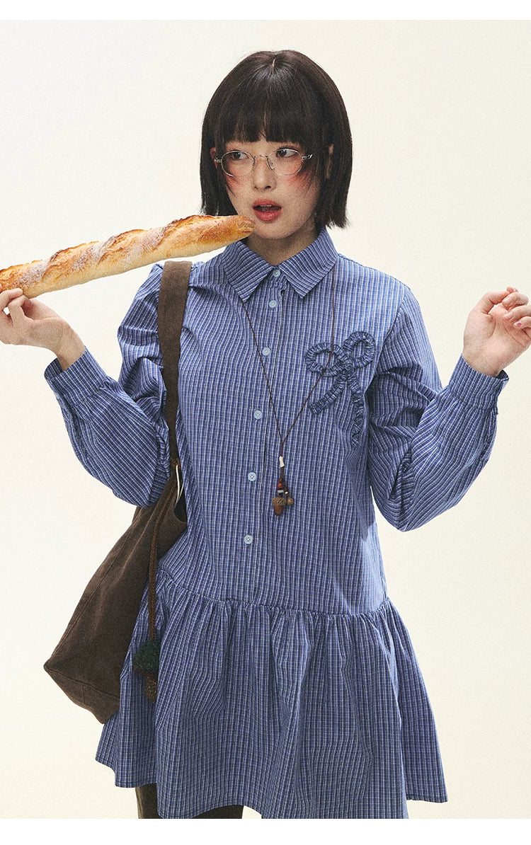 "Holiday Blues" Blue Plaid Bow Shirt Mini Dress
