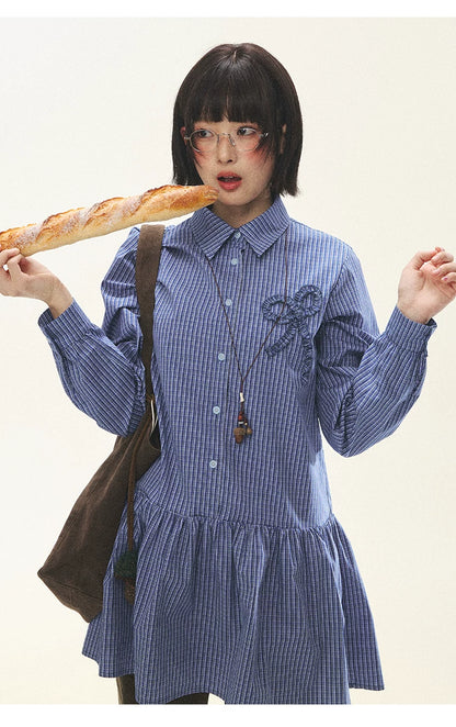 "Holiday Blues" Blue Plaid Bow Shirt Mini Dress
