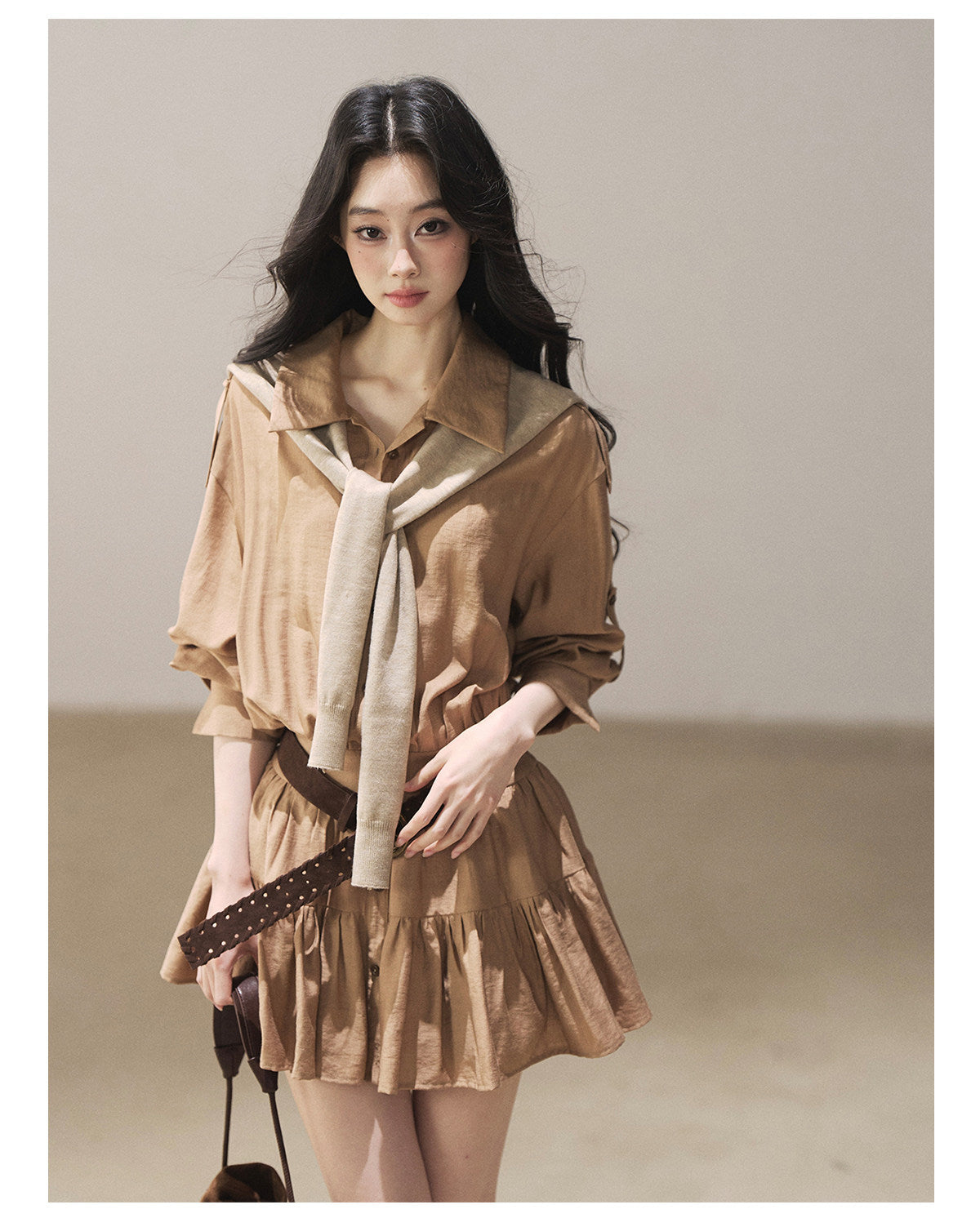 170726 "Through the Golden Wheat Fields" Chestnut Brown Utility Shirt Mini Dress with Belt & Shorts