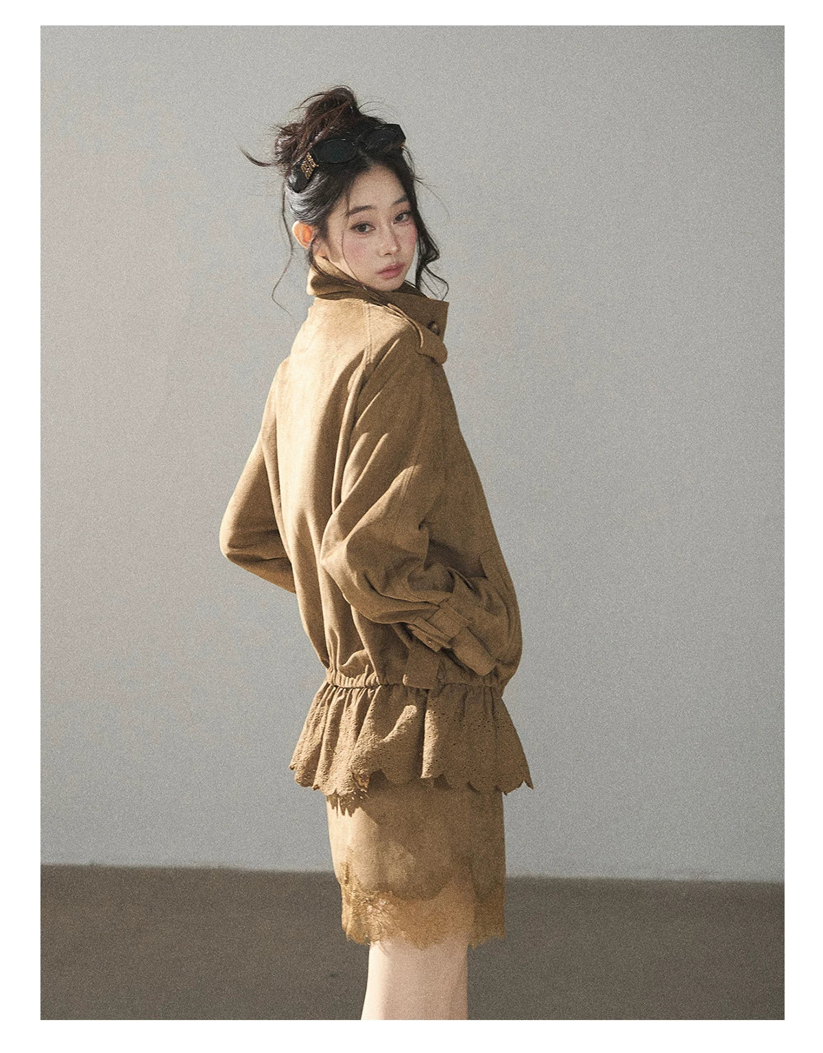 AOMALM - Sandstone Brown Faux-Suede Jacket & Lace-Trim Mini Skirt Set