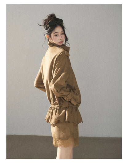 AOMALM - Sandstone Brown Faux-Suede Jacket & Lace-Trim Mini Skirt Set