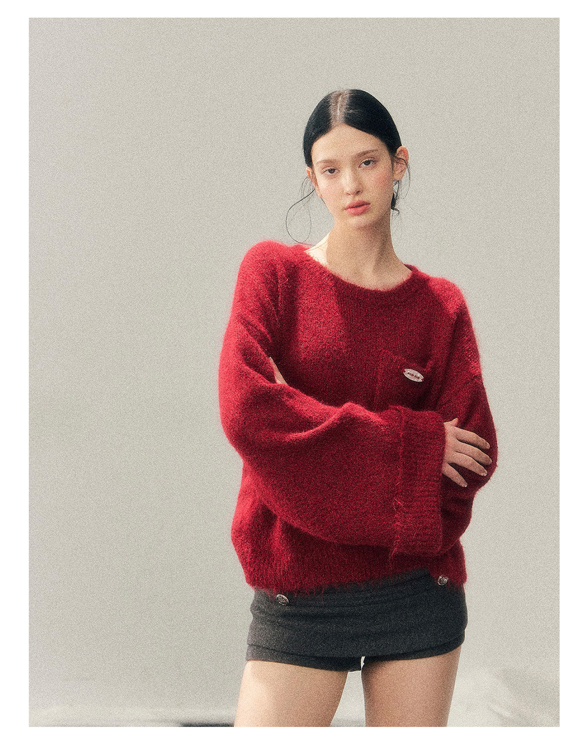 少也眼 “Winter Snow Holds Gentle Warmth” Angora-Blend French Red Knit Sweater