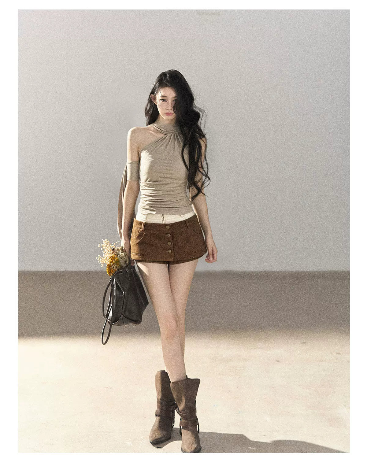 AOMALM - Halter Neck Off-Shoulder Cropped Tee in Milk Tea