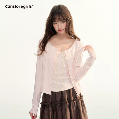Soft Pink Lace Trim Knit Cami & Cardigan Set LL2026115