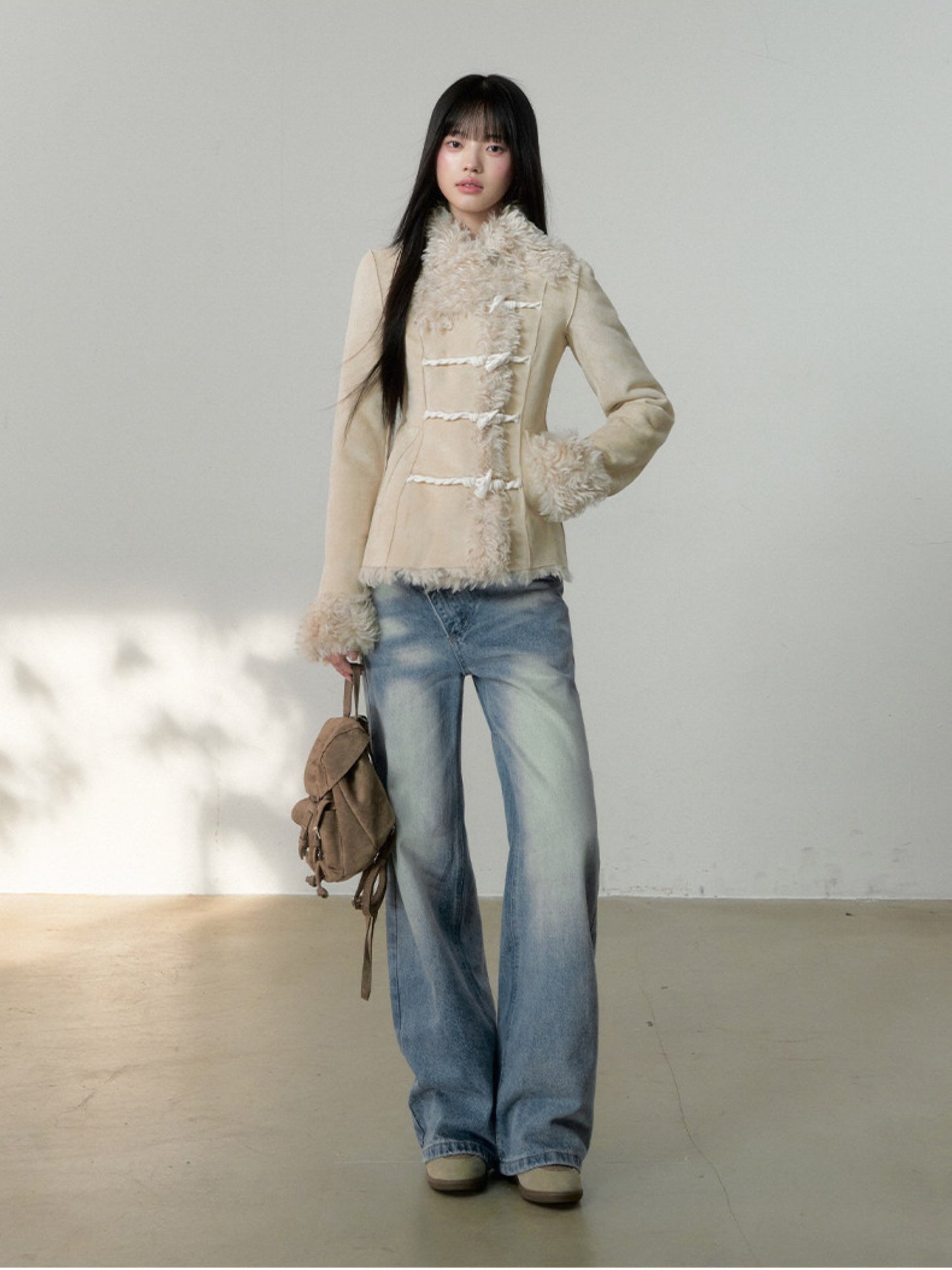 Soote Season - Cream Latte Faux Suede Toggle Belted Shearling Jacket