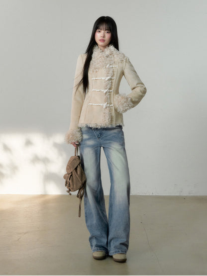 Soote Season - Cream Latte Faux Suede Toggle Belted Shearling Jacket