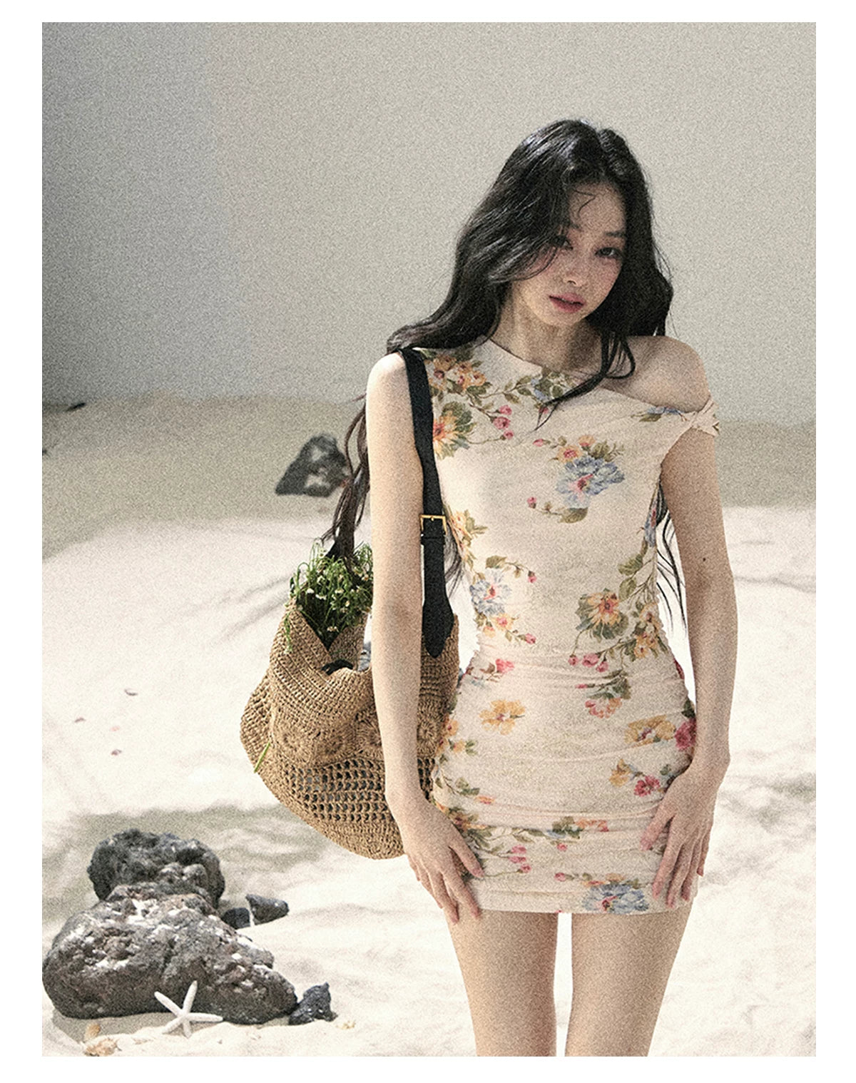"Waiting for Blossoms" Dutch Cream Floral Ruched Mini Dress 43236