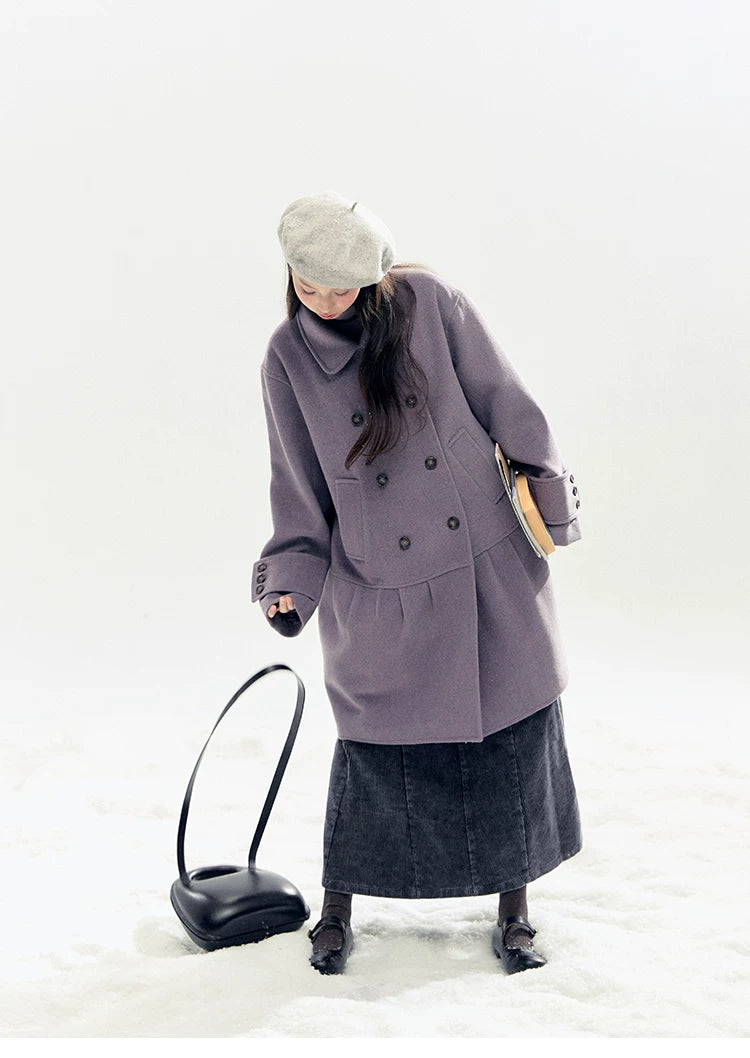 "Winter Chime" Double-Breasted Quilted Wool-Blend Coat (Smoky Purple/ Ash Gray)