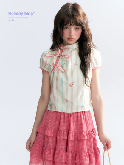 "Peach Blossom" Beige Floral Print Mandarin Collar Blouse