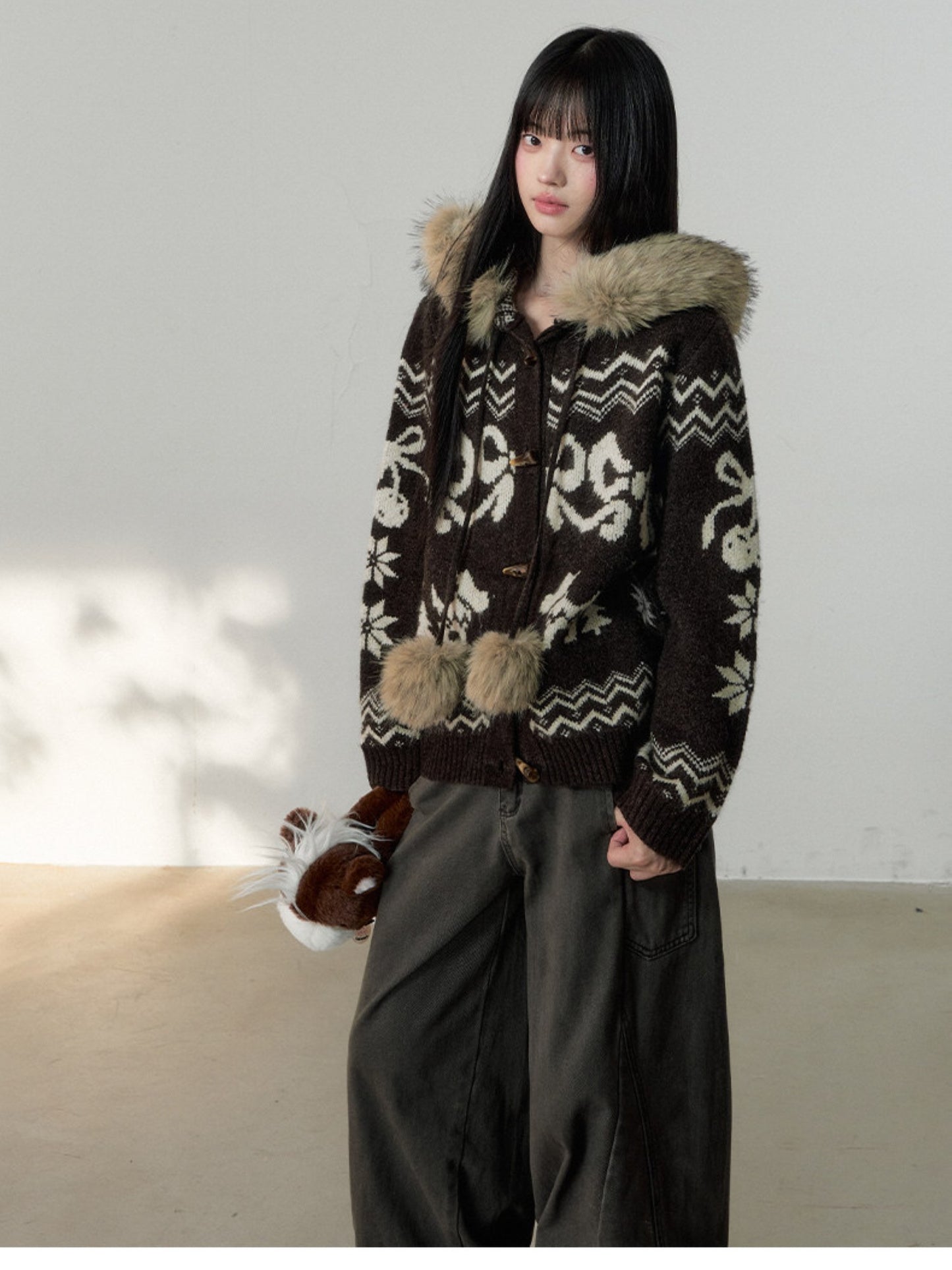 Soote Season - Fair Isle Cream Hooded Toggle Knit Jacket - Deep Roast Brown