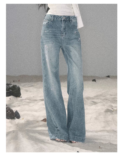 "Starlit River Shimmer" Distant Sky Blue Rhinestone Wide-Leg Jeans 65633