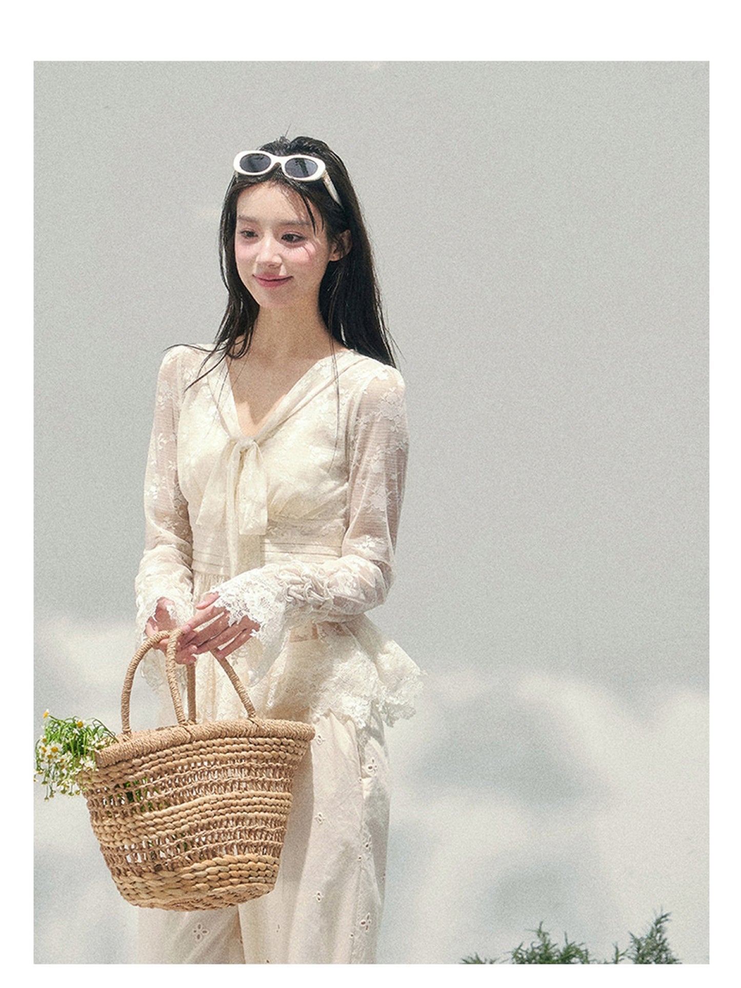 少也眼 “Lace’s Fading Dream” Sheer Lace V-Neck Cinched Top 53663788558