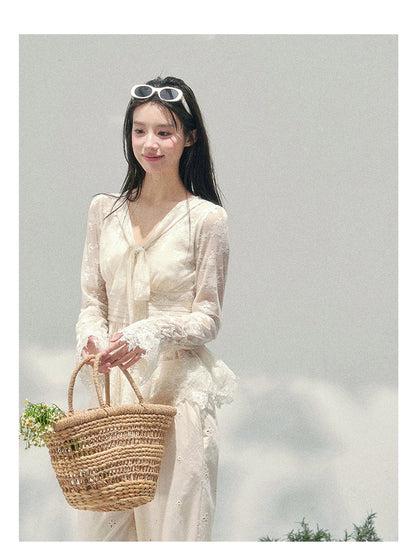 少也眼 “Lace’s Fading Dream” Sheer Lace V-Neck Cinched Top 53663788558