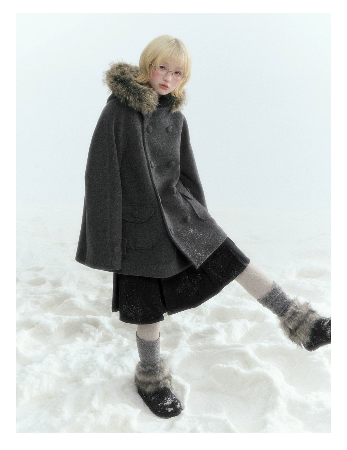Japanese Hooded Double-Breasted Wool Coat (Deep Charcoal Gray / Taro Purple)